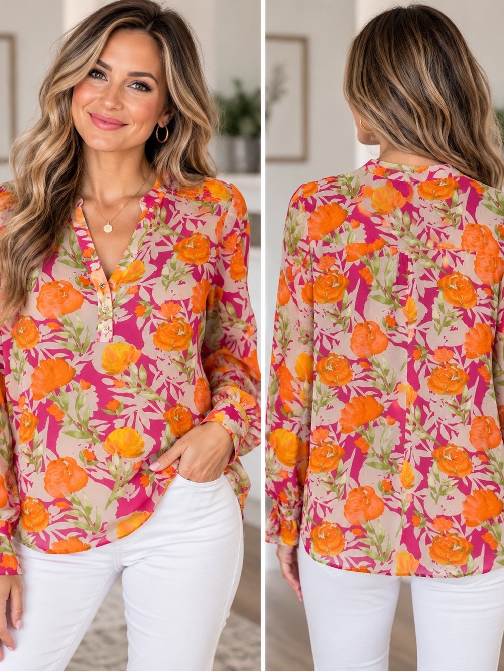 Calvin Klein Floral Print Long Sleeve Button-Front Blouse – Size S